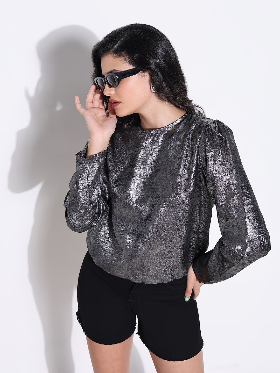 

SHOWOFF Women Round Neck Puff Sleeve Top, Grey