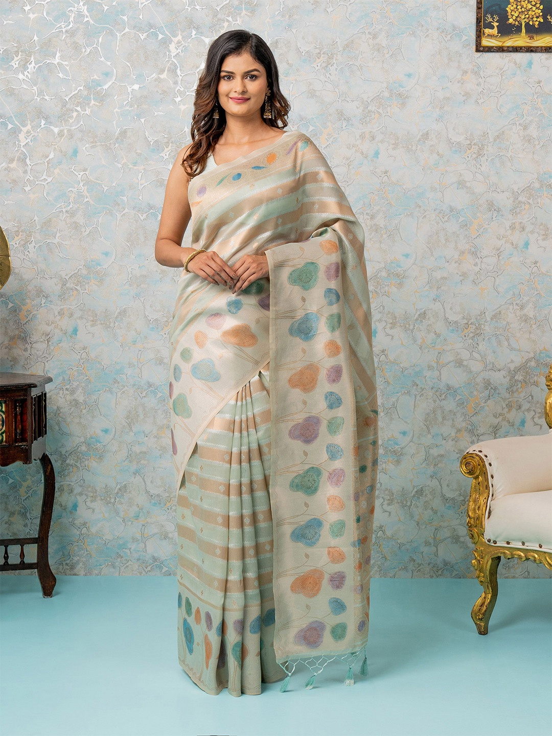 

MIMOSA Woven Design Zari Banarasi Saree, Sea green