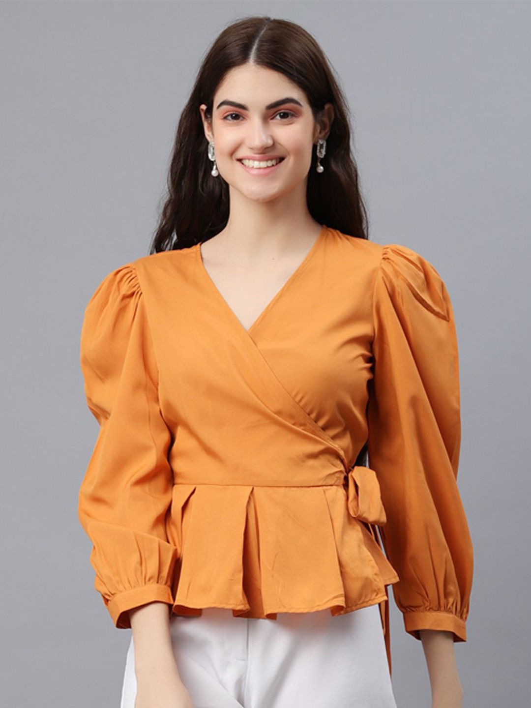 

all about you Puff Sleeve Wrap Top, Brown