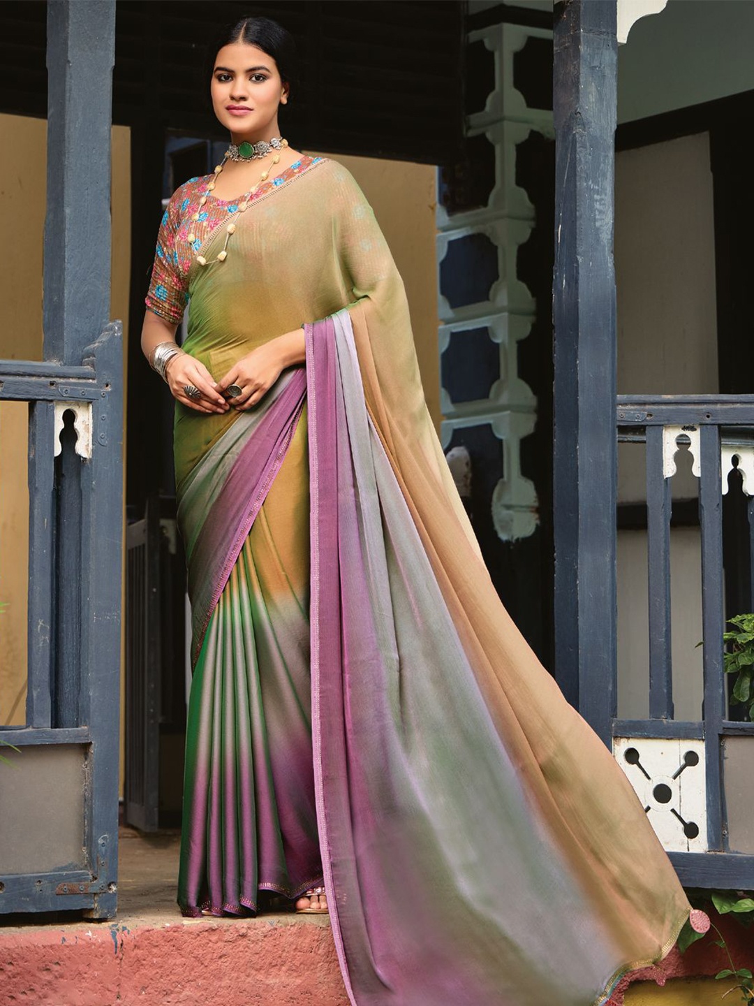 

Mitera Colourblocked Beads and Stones Poly Chiffon Designer Saree, Brown