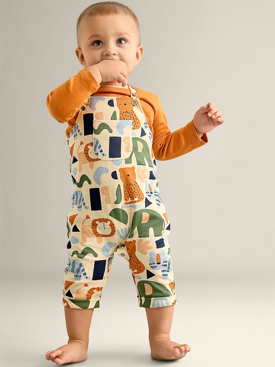 

My Milestones Infant Boys Printed Cotton Dungaree With T-Shirt, Orange