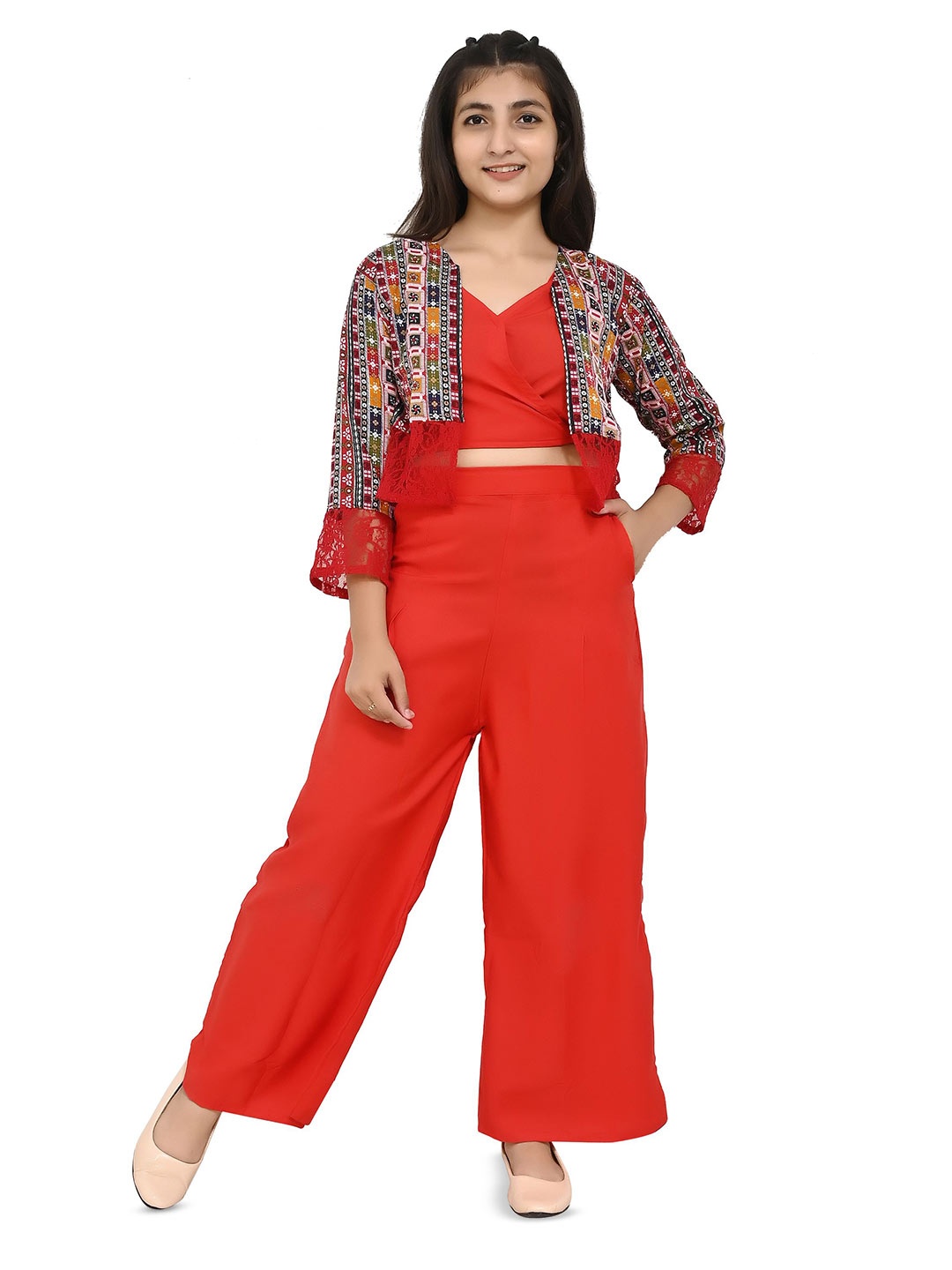 

Mabish Girls Printed Top with Trousers, Red