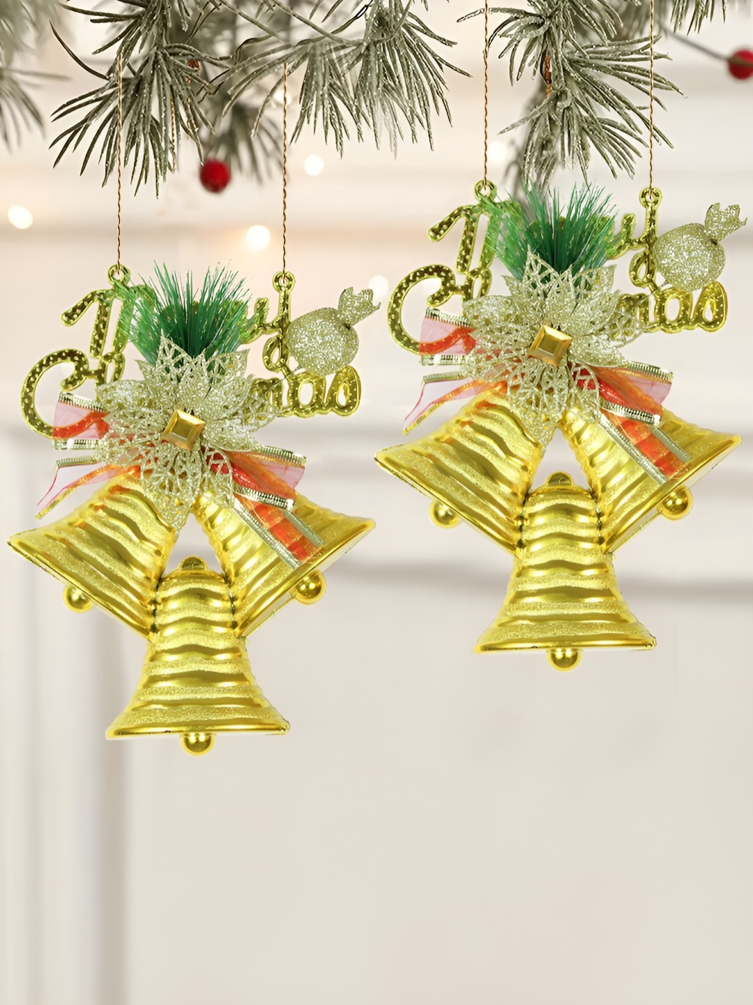 

TIED RIBBONS Gold Toned & Red 2 Pieces Christmas Tree Bells