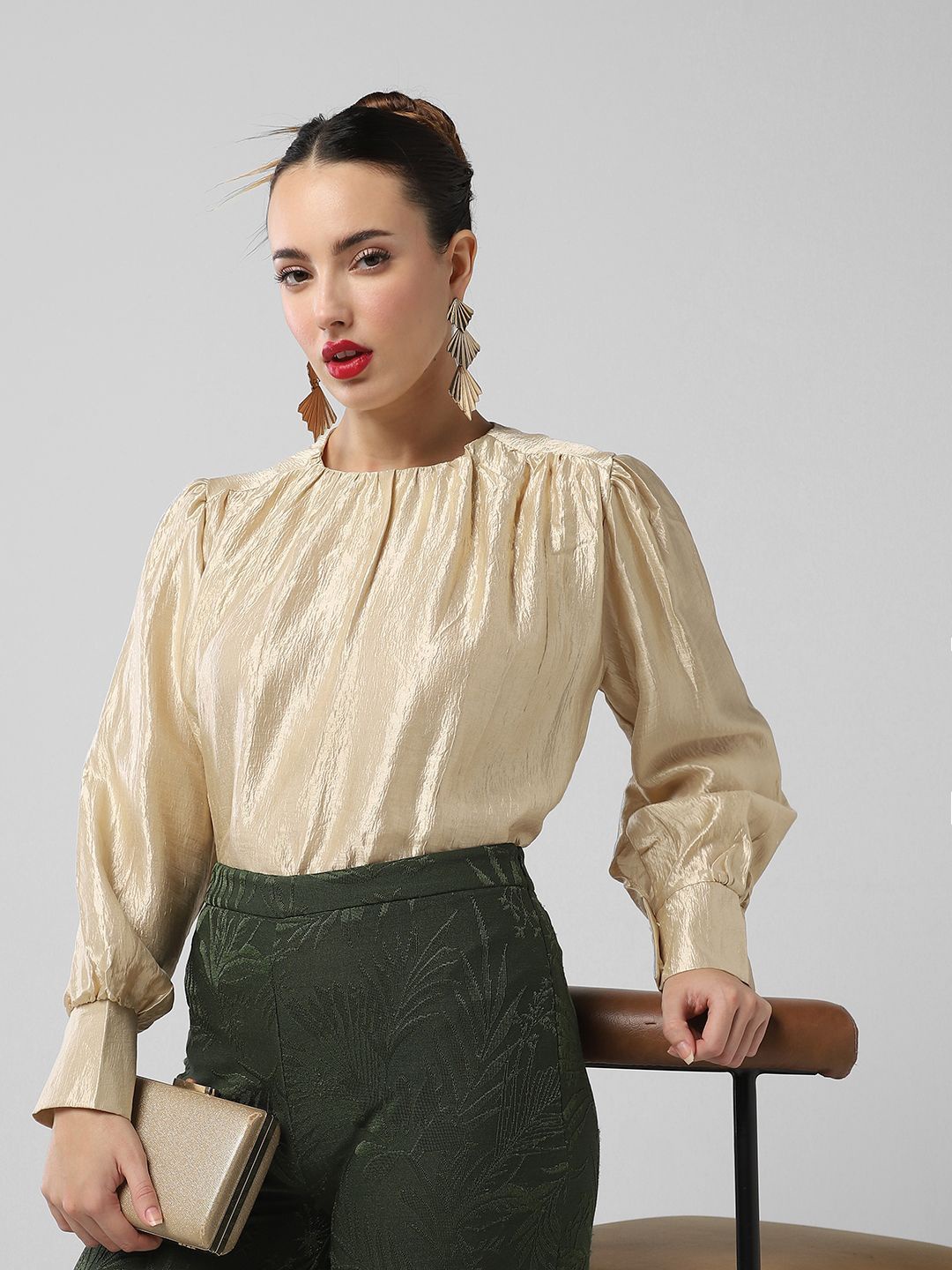 

SHOWOFF Women Round Neck Cuffed Sleeves Top, Beige