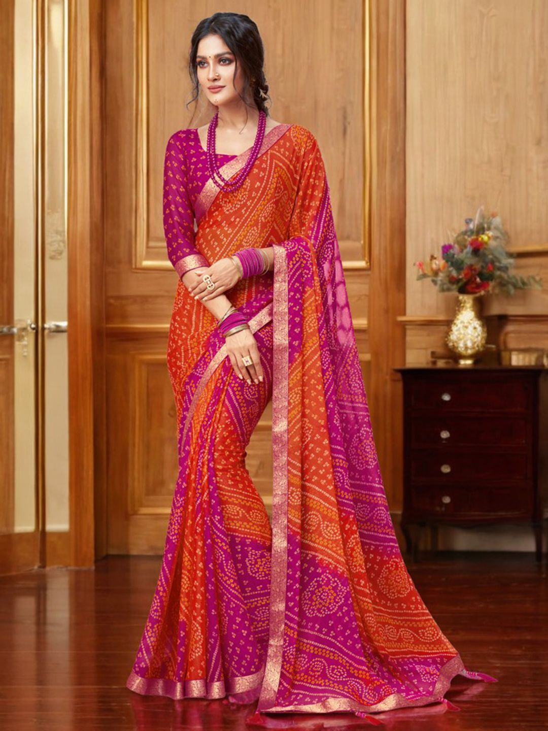 

KALINI Bandhani Zari Pure Chiffon Bandhani Saree, Pink