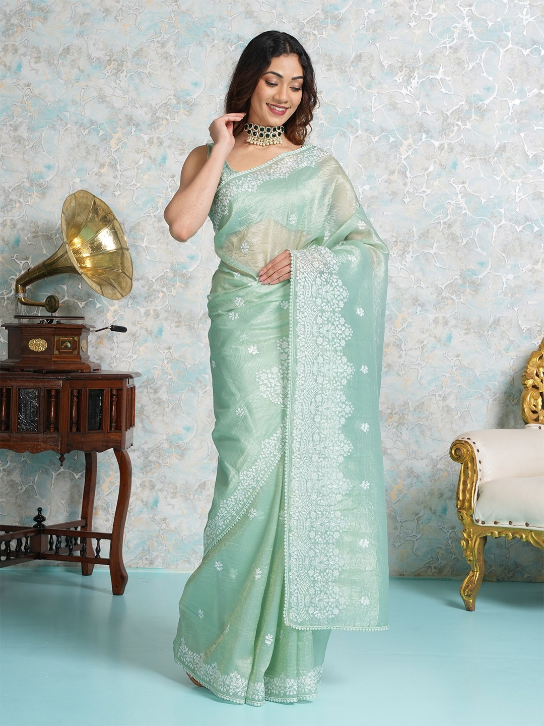 

MIMOSA Embellished Embroidered Designer Banarasi Saree, Sea green