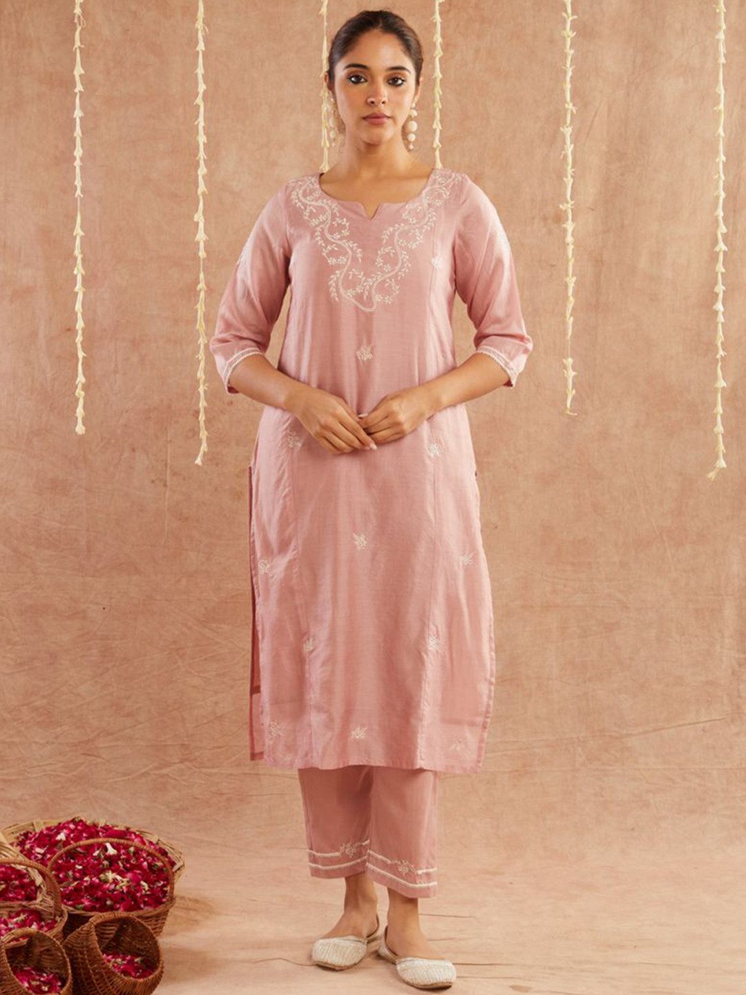 

zuri Women Ethnic Motifs Embroidered Regular Thread Work Chanderi Cotton Kurta with Trousers, Beige