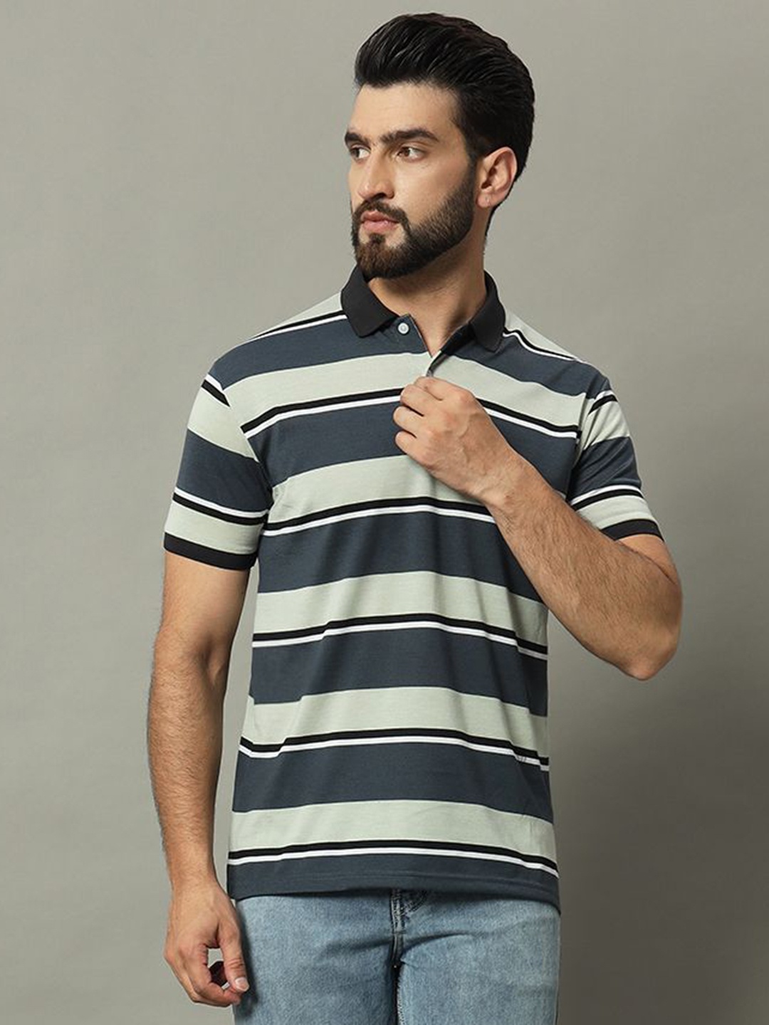 

GET GOLF Men Striped Polo Collar Cotton T-shirt, Blue