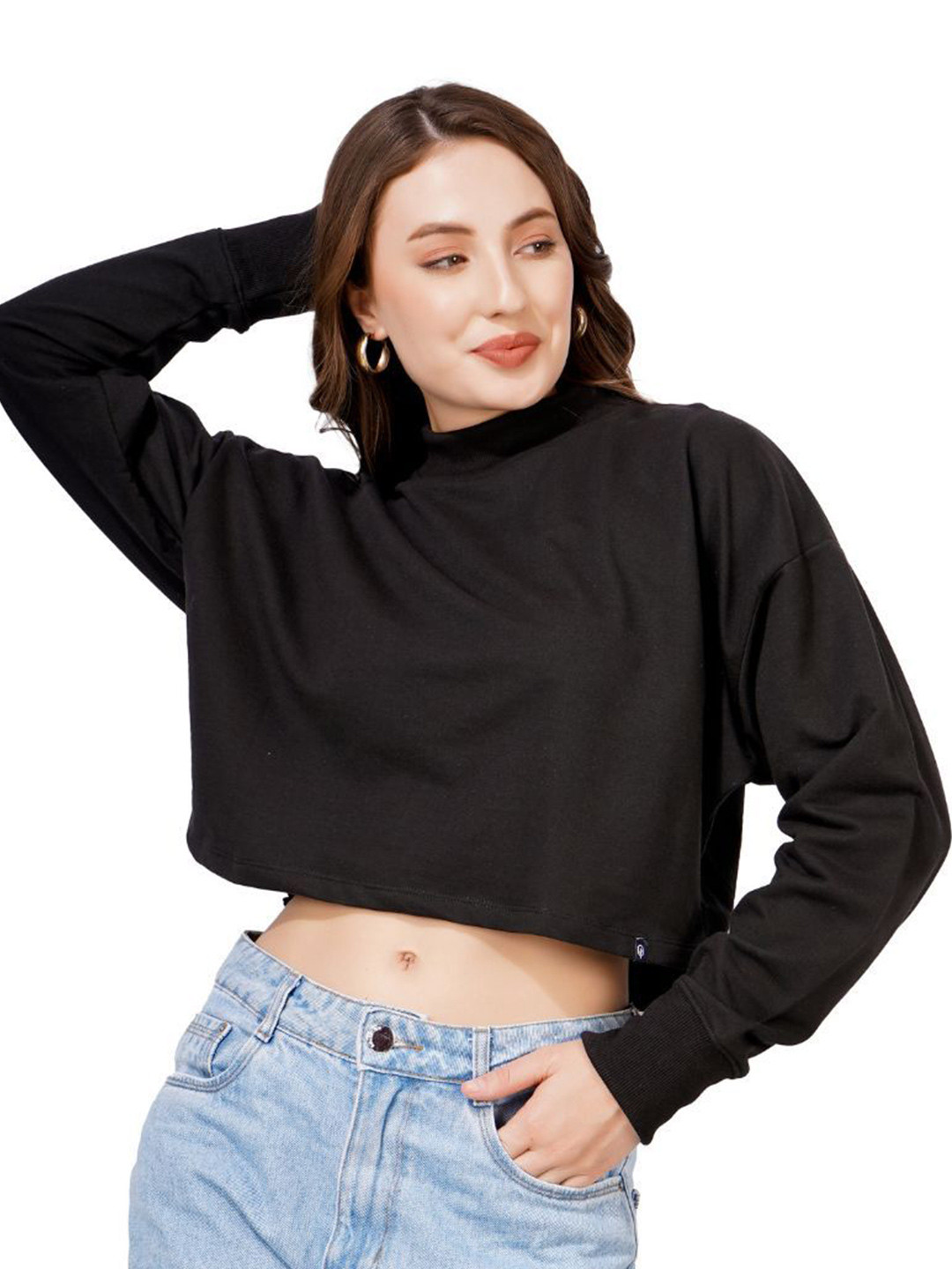 

BLUEFICUS Women High Neck Crop Sweatshirt, Black