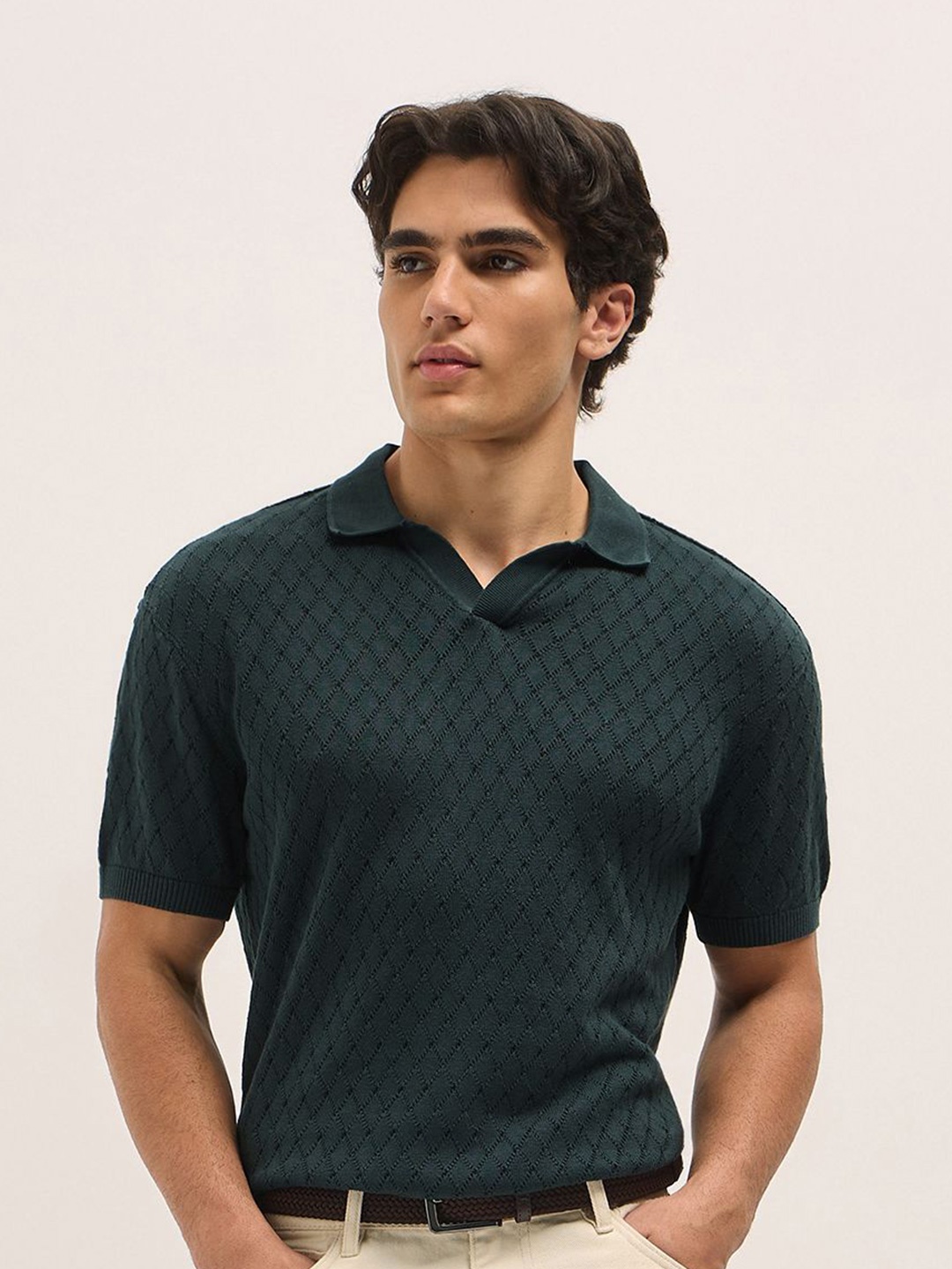

THE BEAR HOUSE Men Polo Collar Drop-Shoulder Sleeves T-shirt, Green