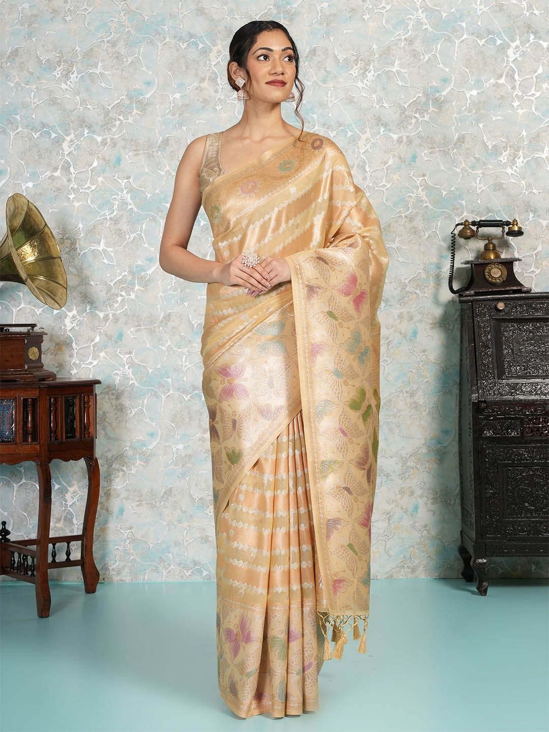 

MIMOSA Floral Zari Art Silk Banarasi Saree, Yellow