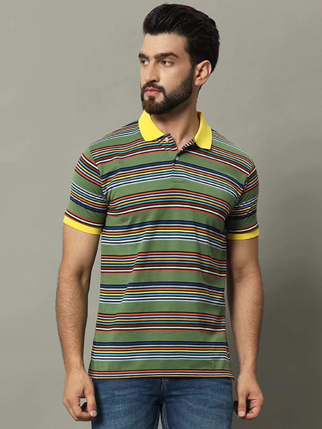 

GET GOLF Men Striped Polo Collar Cotton T-shirt, Green