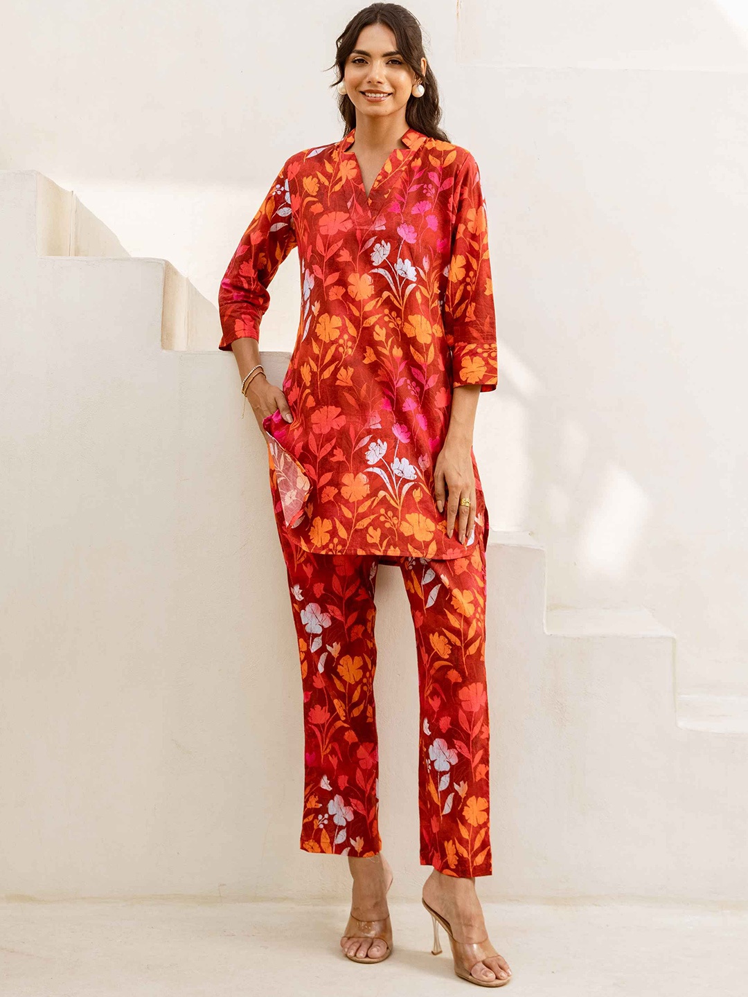 

HUKUM Floral Printed Pure Cotton Top With Trousers Co-Ords, Red