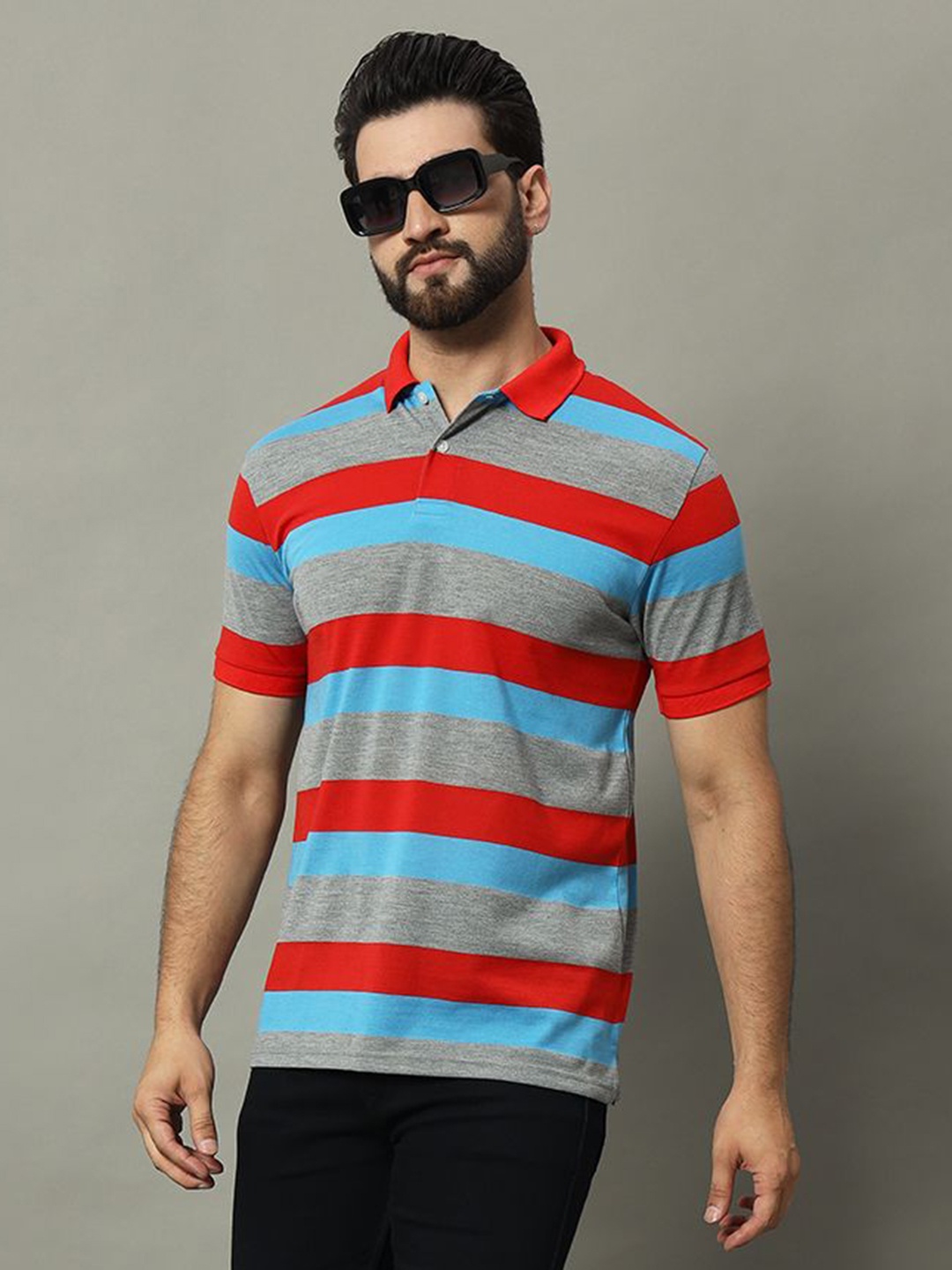 

GET GOLF Men Striped Polo Collar Cotton T-shirt, Red