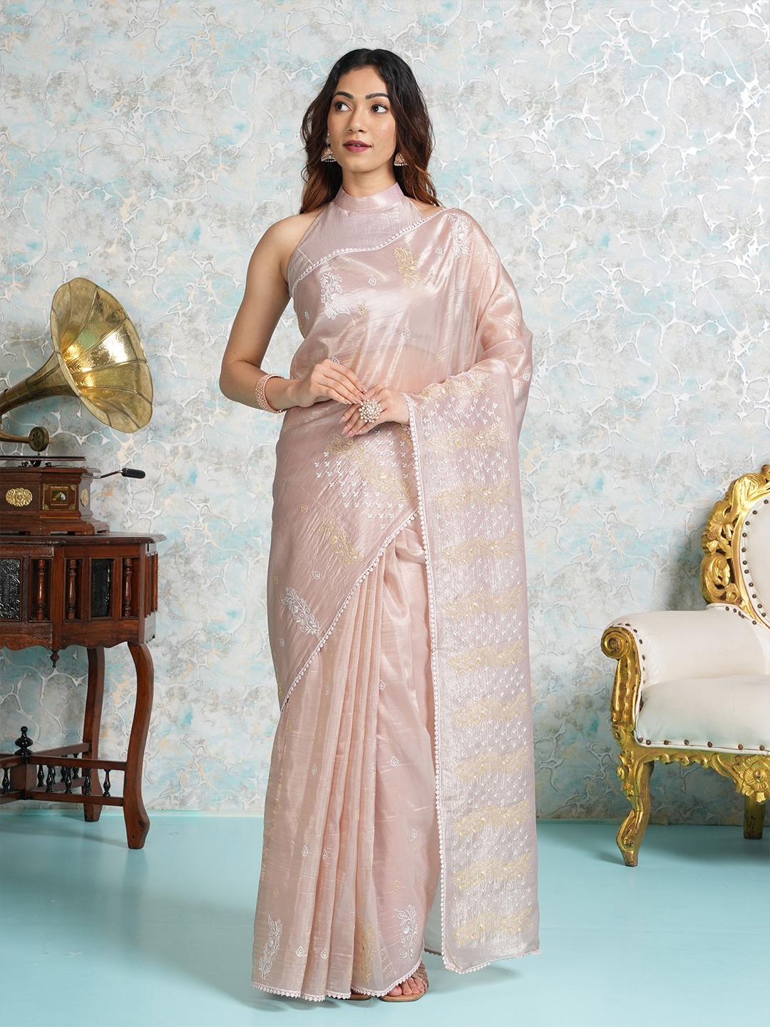 

MIMOSA Floral Silk Blend Banarasi Saree With Blouse Piece, Pink