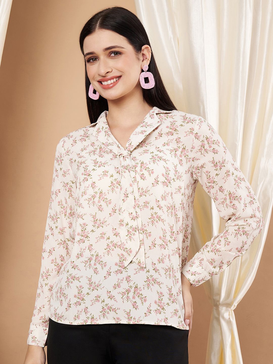 

Slenor Print Tie-Up Neck Georgette Shirt Style Top, White