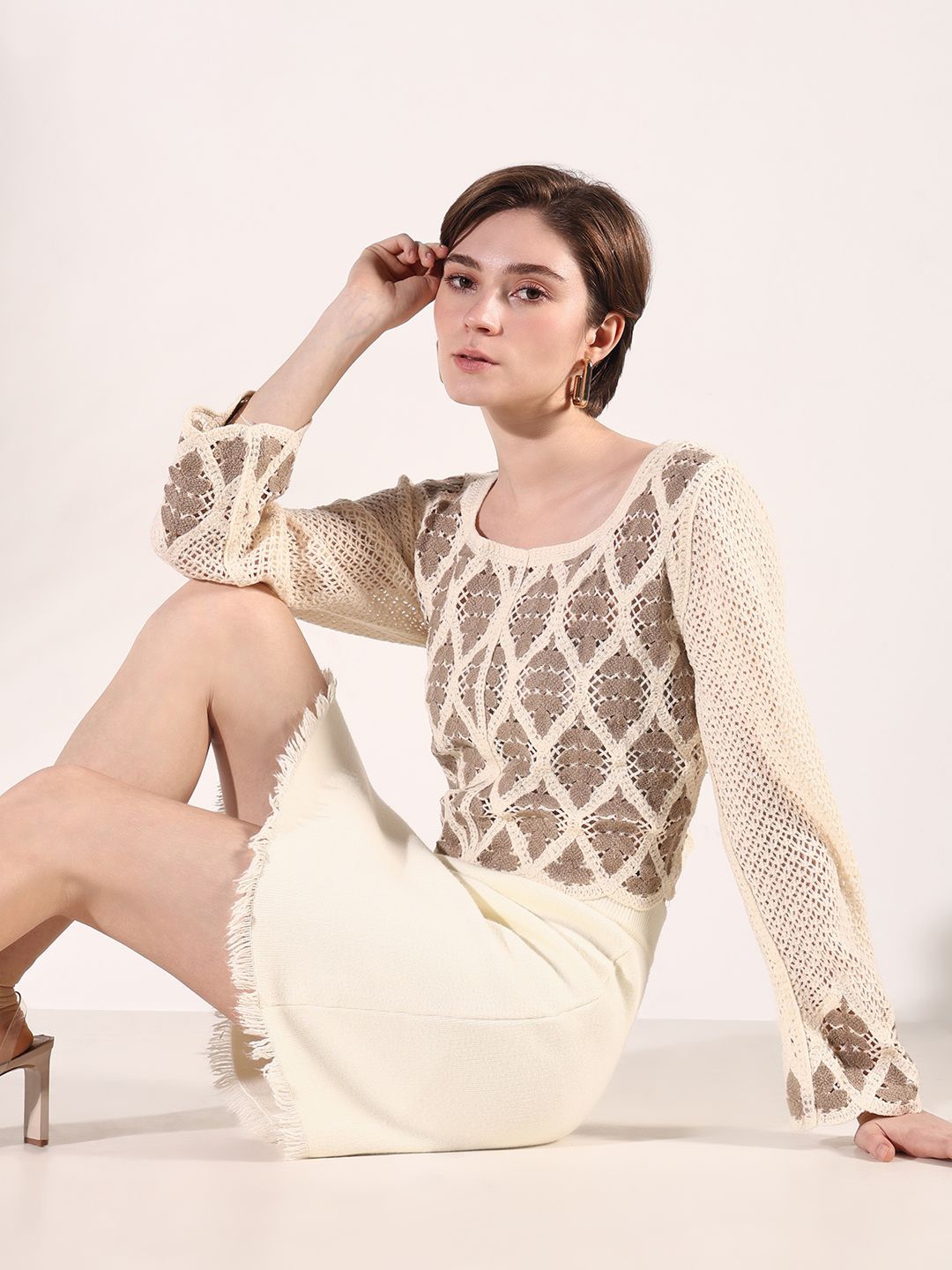 

SHOWOFF Women Self Design Square Neck Crochet Top, Beige