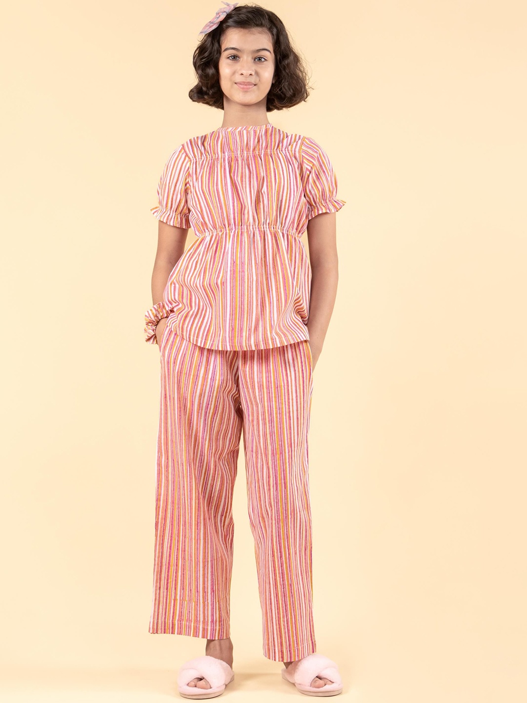 

TWEENY MINI Girls Block Printed Pure Cotton Night Suit, Orange