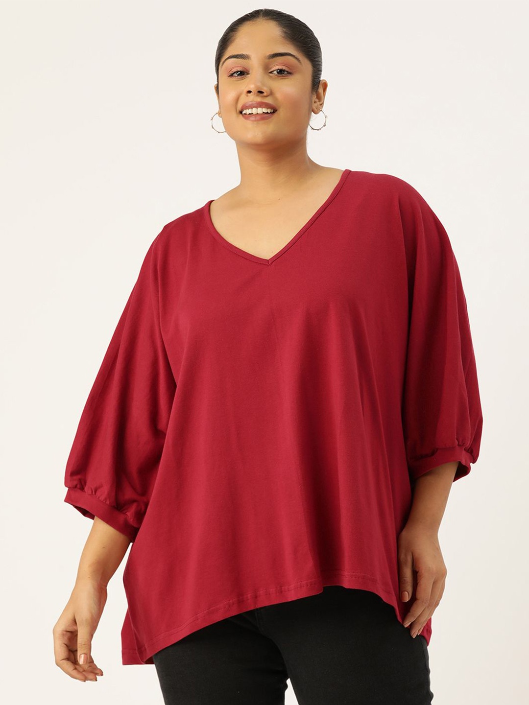 

theRebelinme Puff Sleeve Cotton Longline Top, Maroon