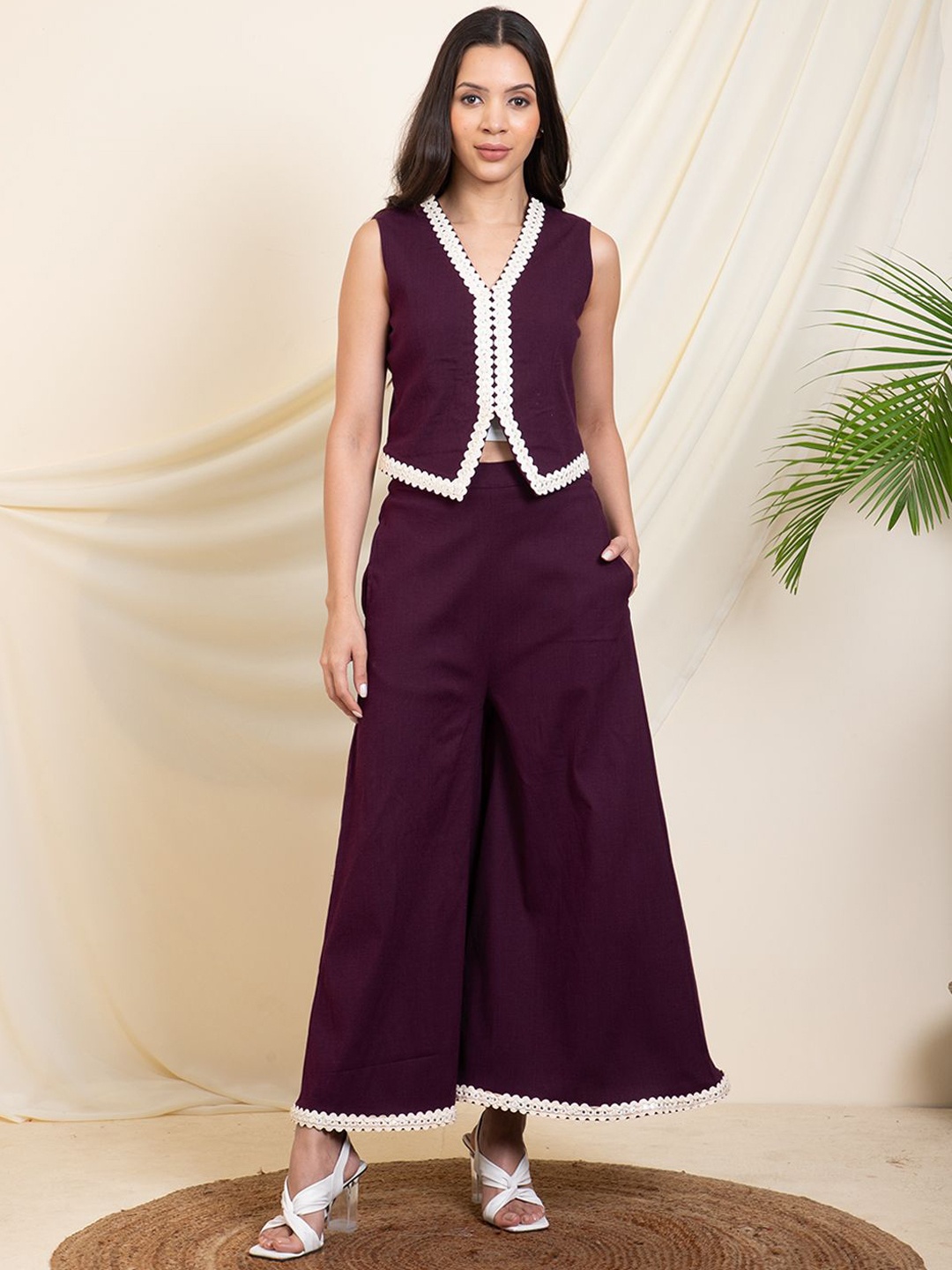 

DEEBACO V-Neck Sleeveless Waistcoat With Palazzo, Burgundy