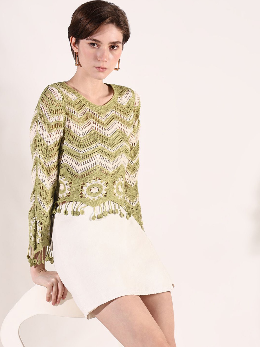 

SHOWOFF Women Geometric Crochet Top, Green