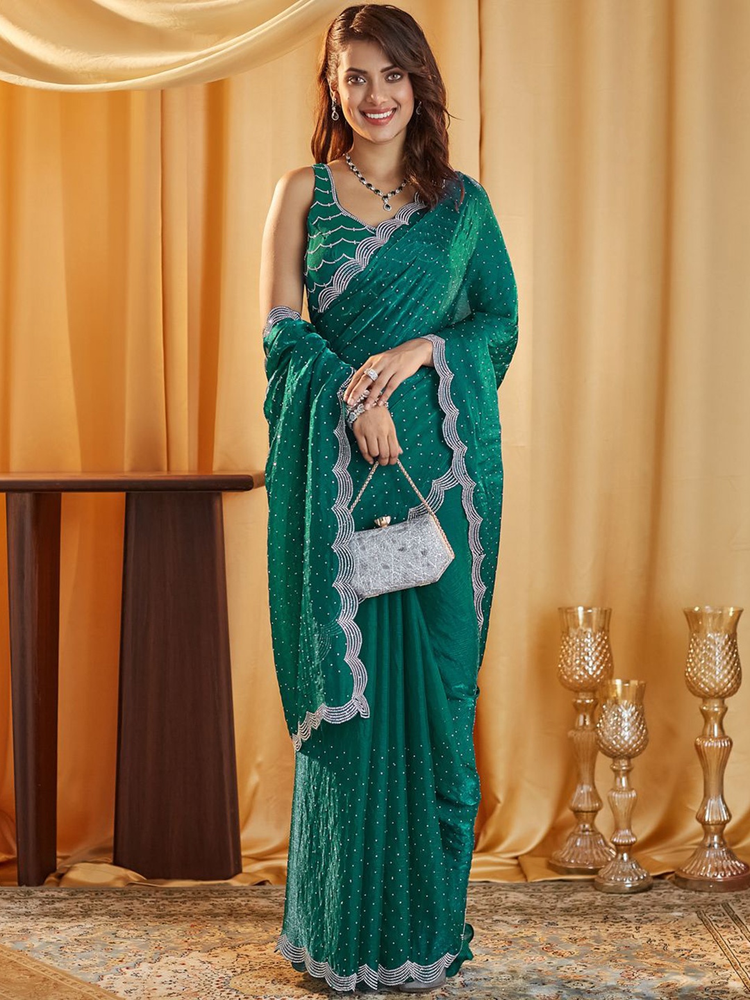 

kasee Embellished Beads and Stones Pure Silk Saree, Teal