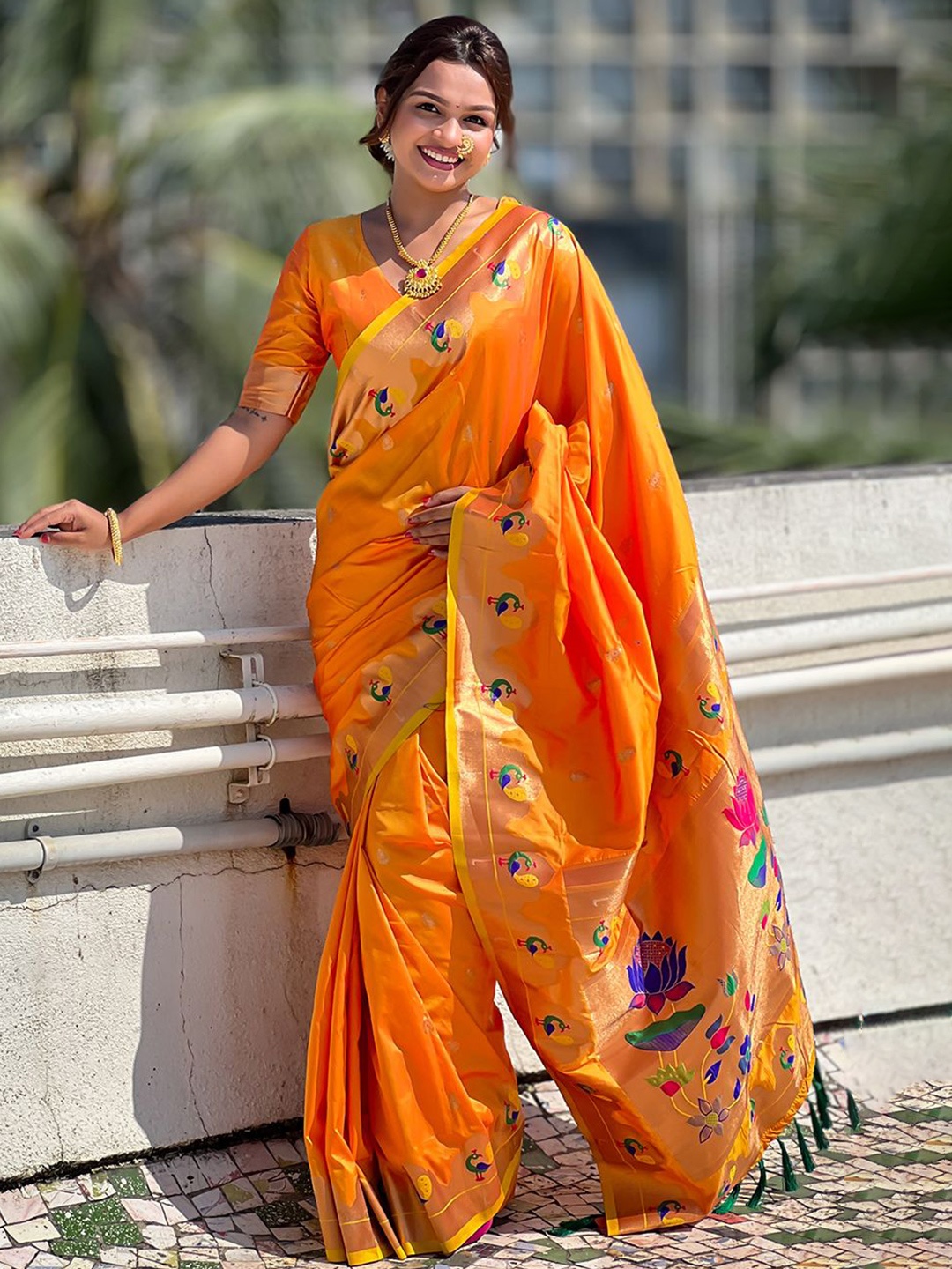 

LeeliPeeri Designer Woven Design Zari Silk Blend Paithani Saree, Orange