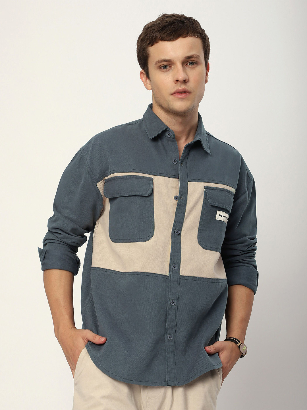 

Beyoung Men Spread Collar Solid Cotton Relaxed Fit Casual Shirt, Grey