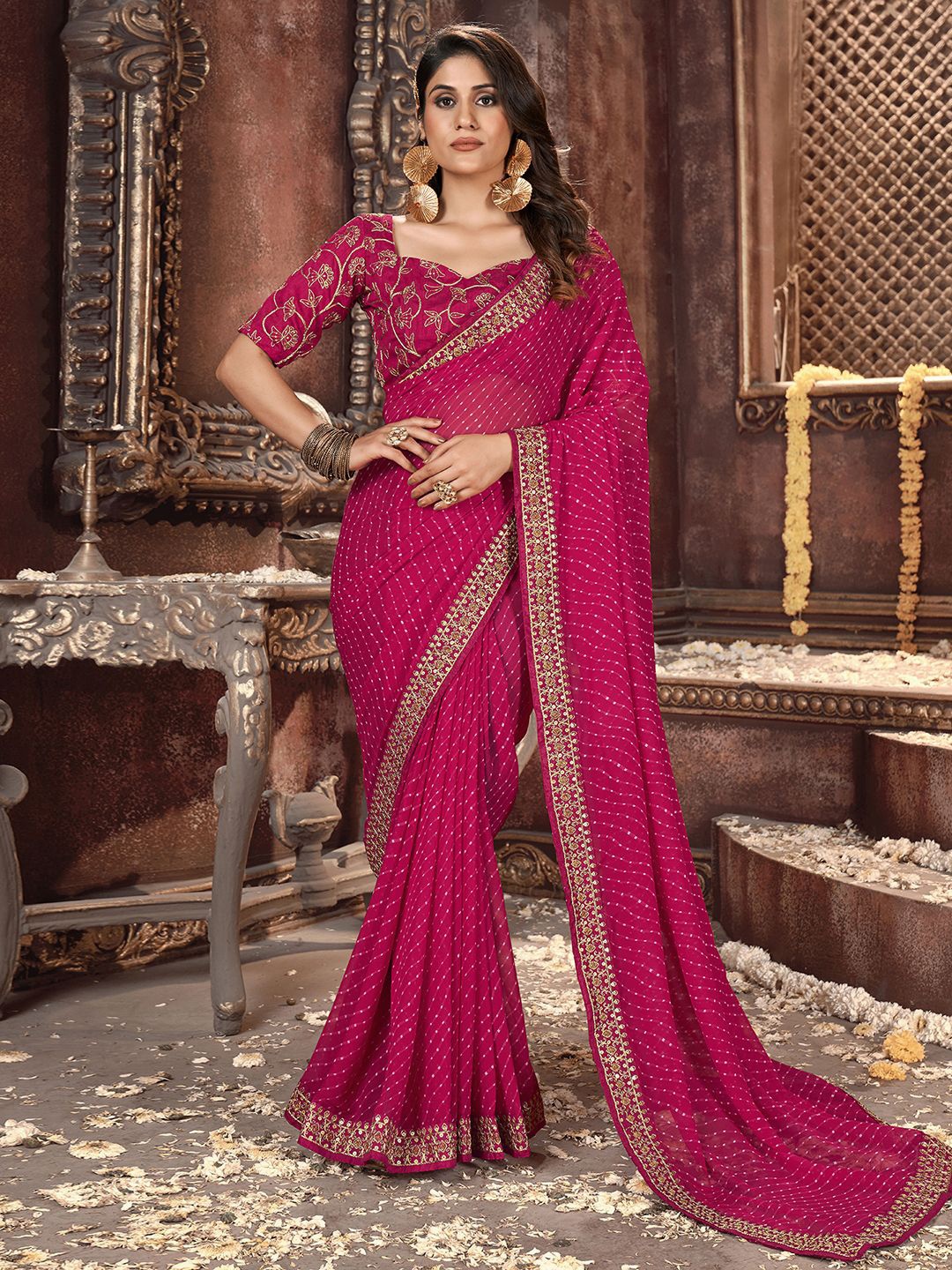 

Mitera Ethnic Motifs Embroidered Pure Georgette Saree, Pink