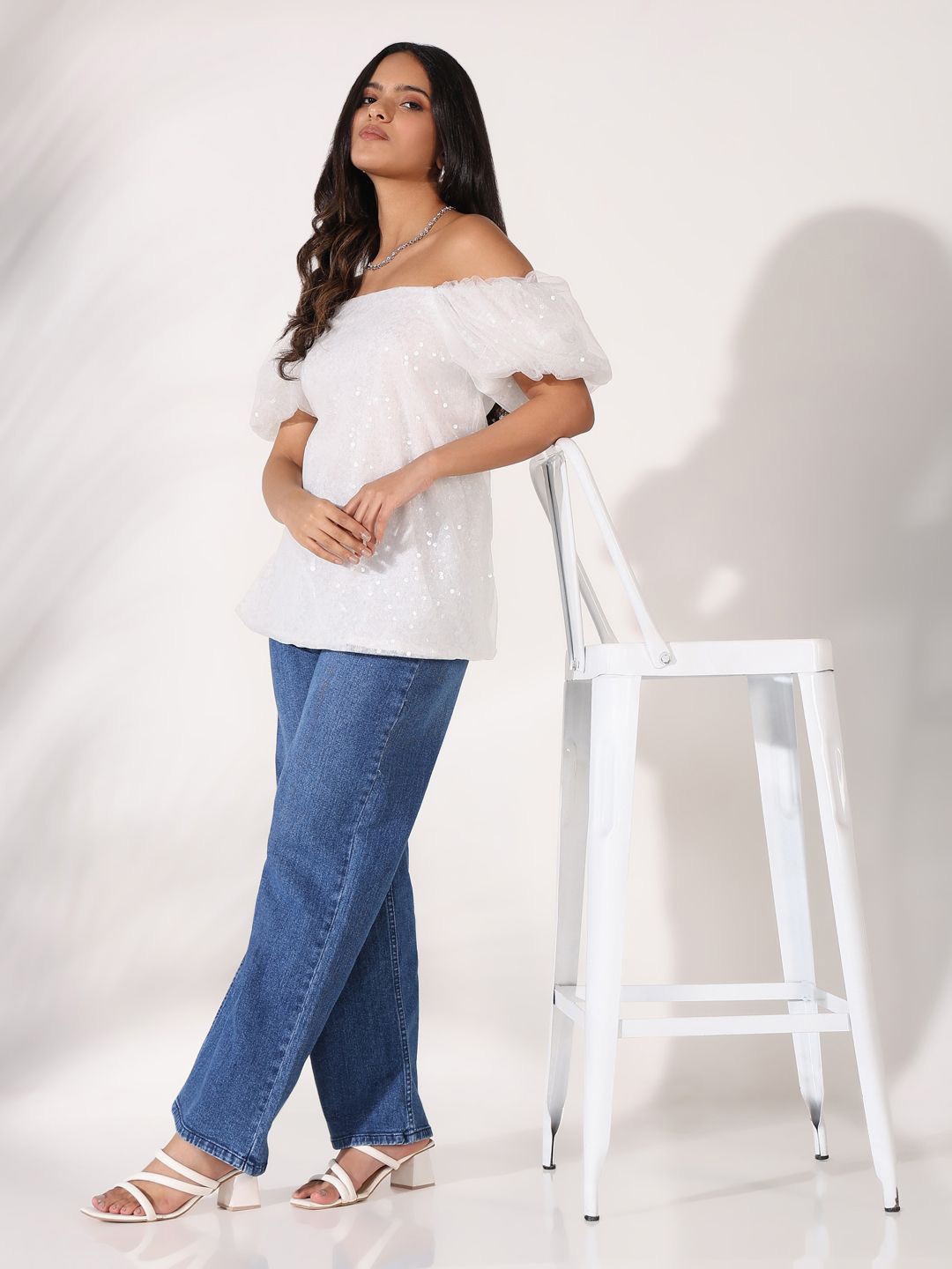 

SHOWOFF Women Embellished Off-Shoulder Puff Sleeve Net Top, White