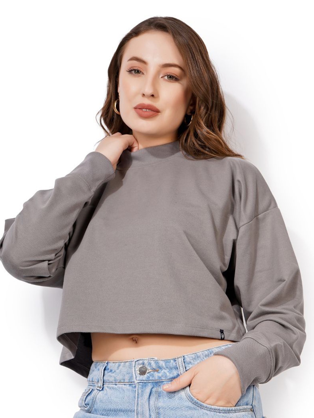 

BLUEFICUS Women High Neck Crop Sweatshirt, Grey