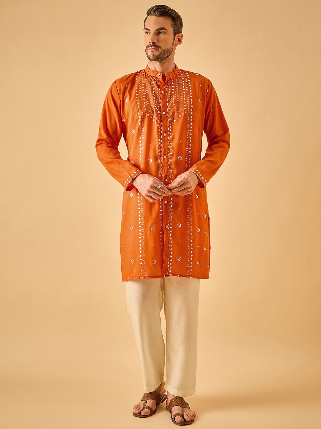 

House of Pataudi Men Indian Ethnic Wear Embroidered Straight Kurta Set, Orange