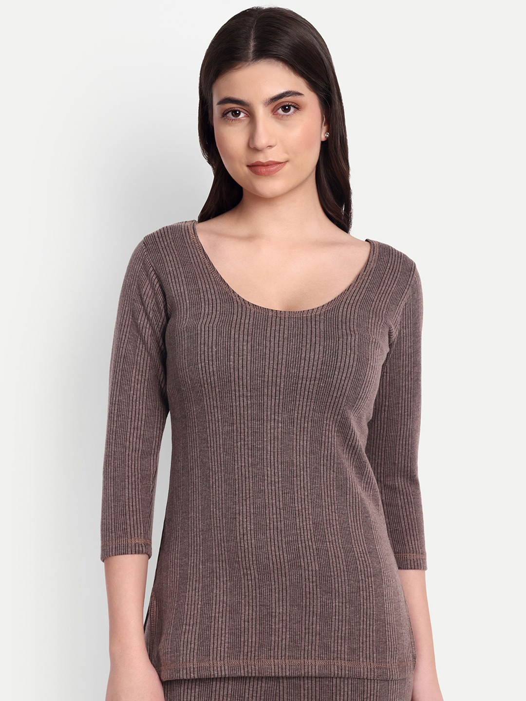 

ZEFFIT Women Striped Cotton Thermal Tops, Coffee brown