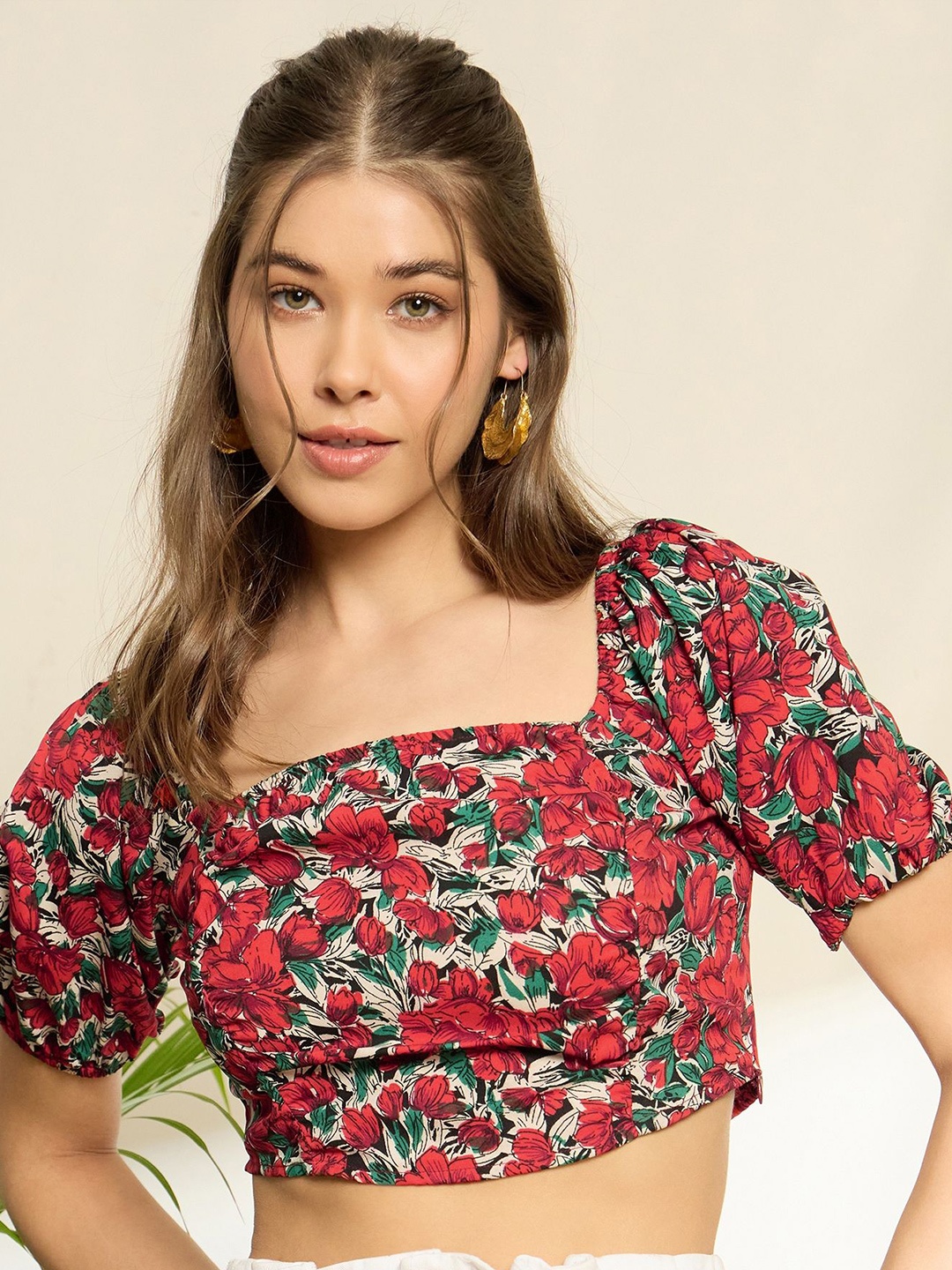 

Berrylush Floral Print Puff Sleeve Crop Top, Red