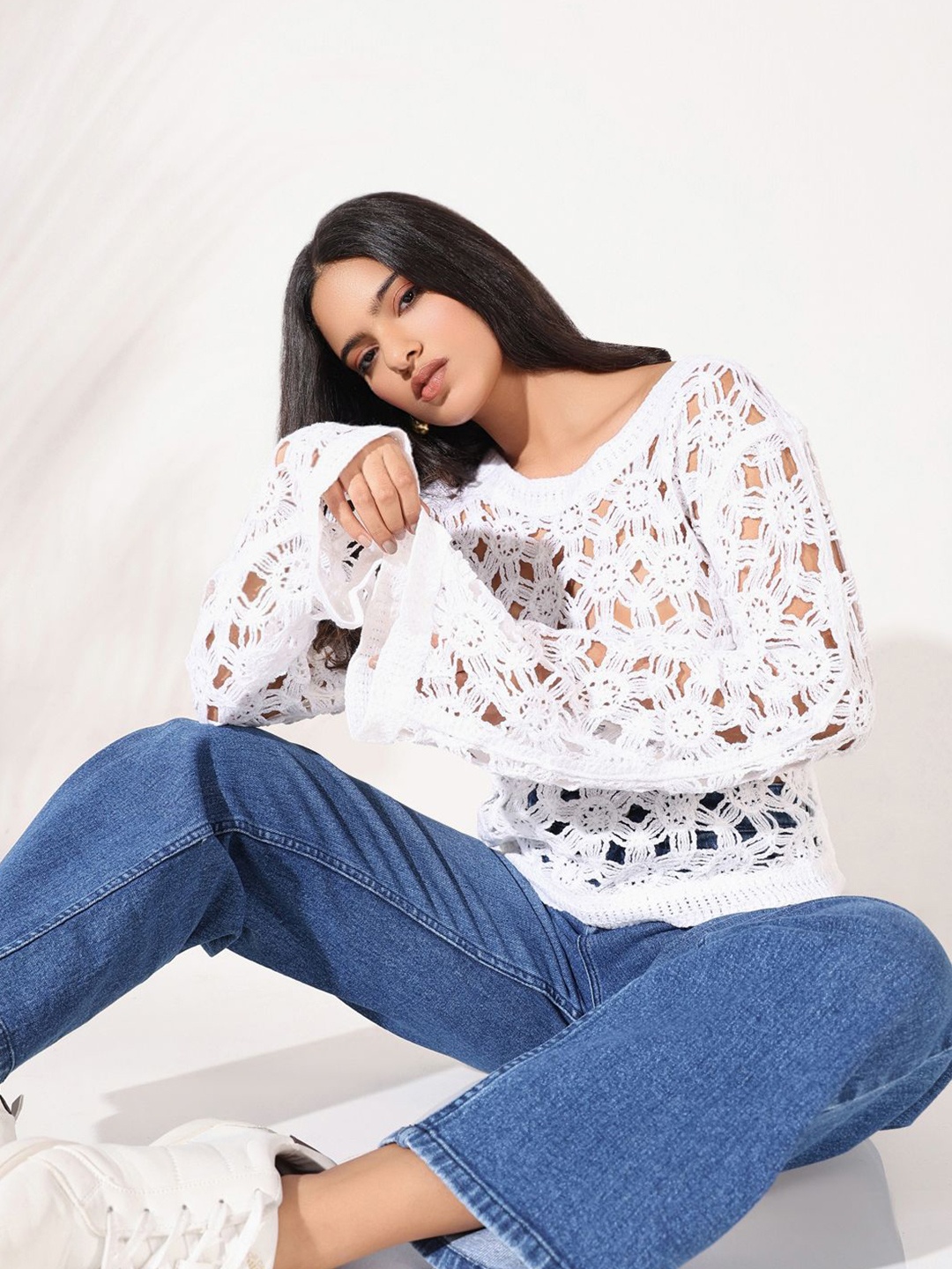 

SHOWOFF Women Self Design Crochet Top, White