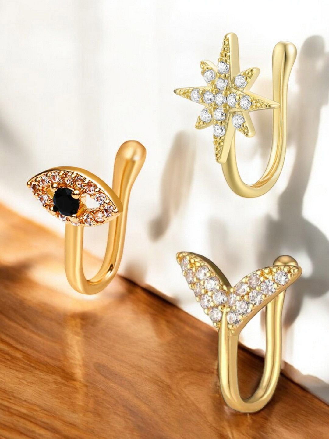 

OOMPH Set Of 3 Star Heart Fish Shaped Cubic Zirconia Stud Nosepins, Gold