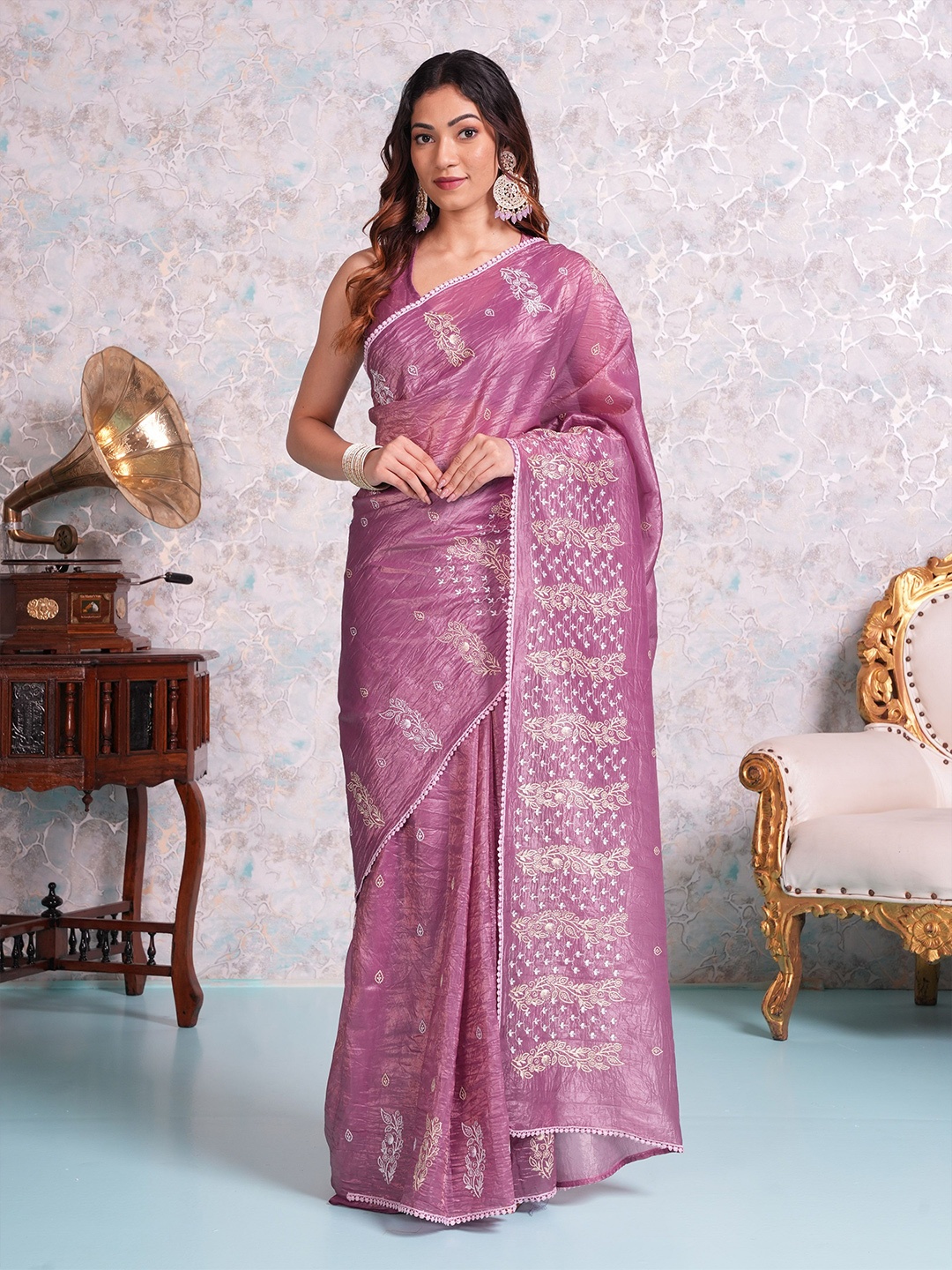 

MIMOSA Floral Embroidered Silk Blend Banarasi Saree, Purple