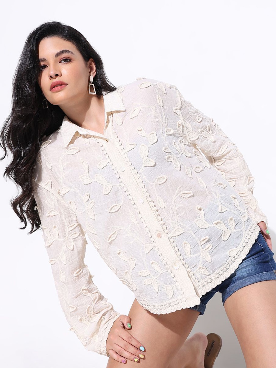 

SHOWOFF Women Comfort Semi Sheer Casual Shirt, Cream