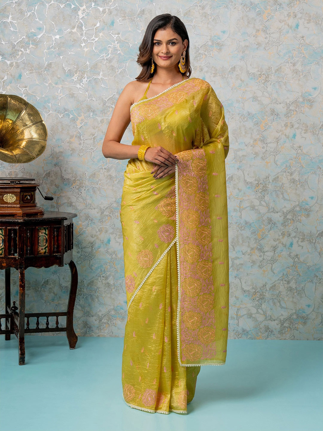 

MIMOSA Ethnic Motifs Embroidered Banarasi Saree, Lime green