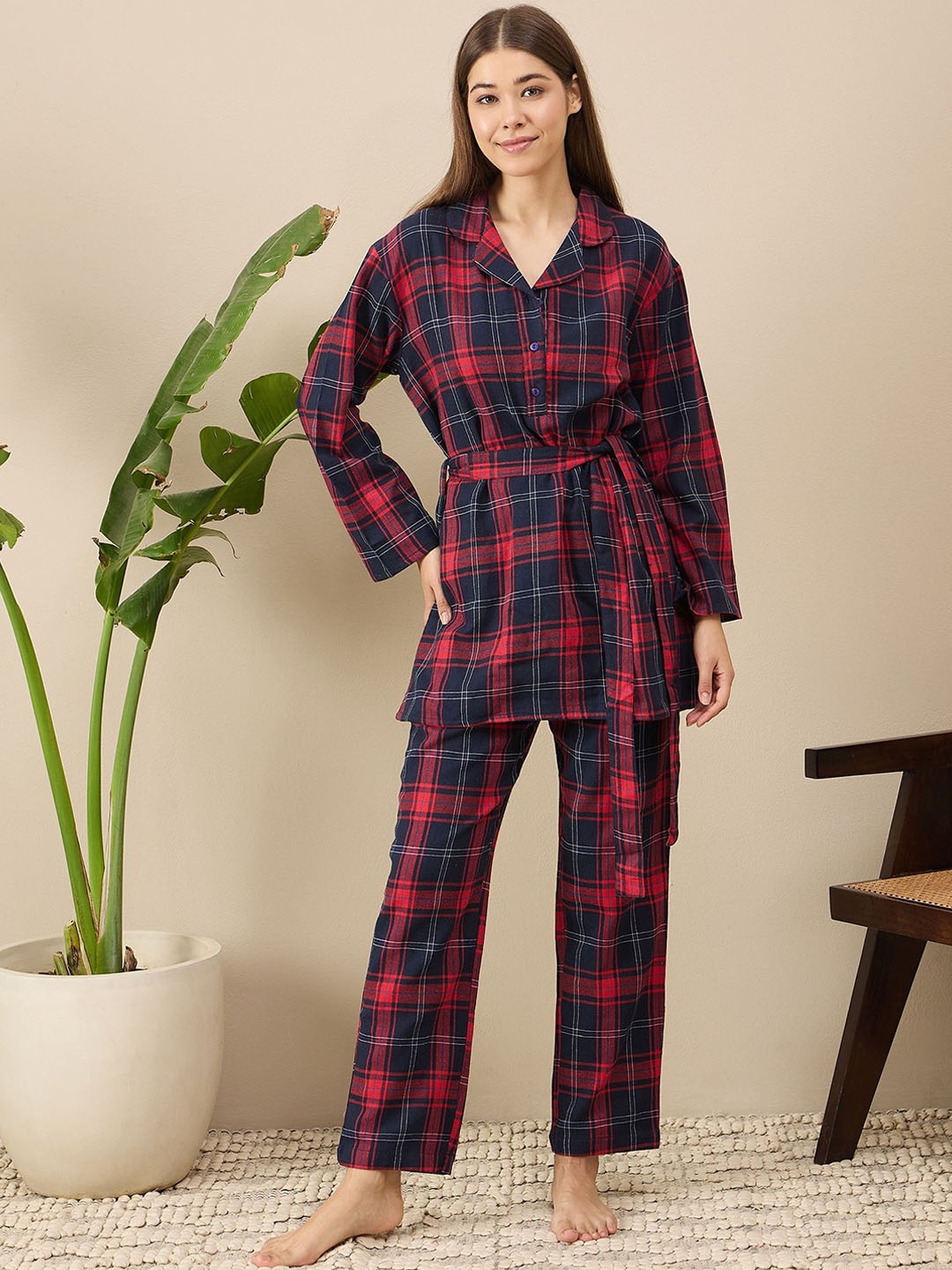 

July Women Checked Night suit, Red