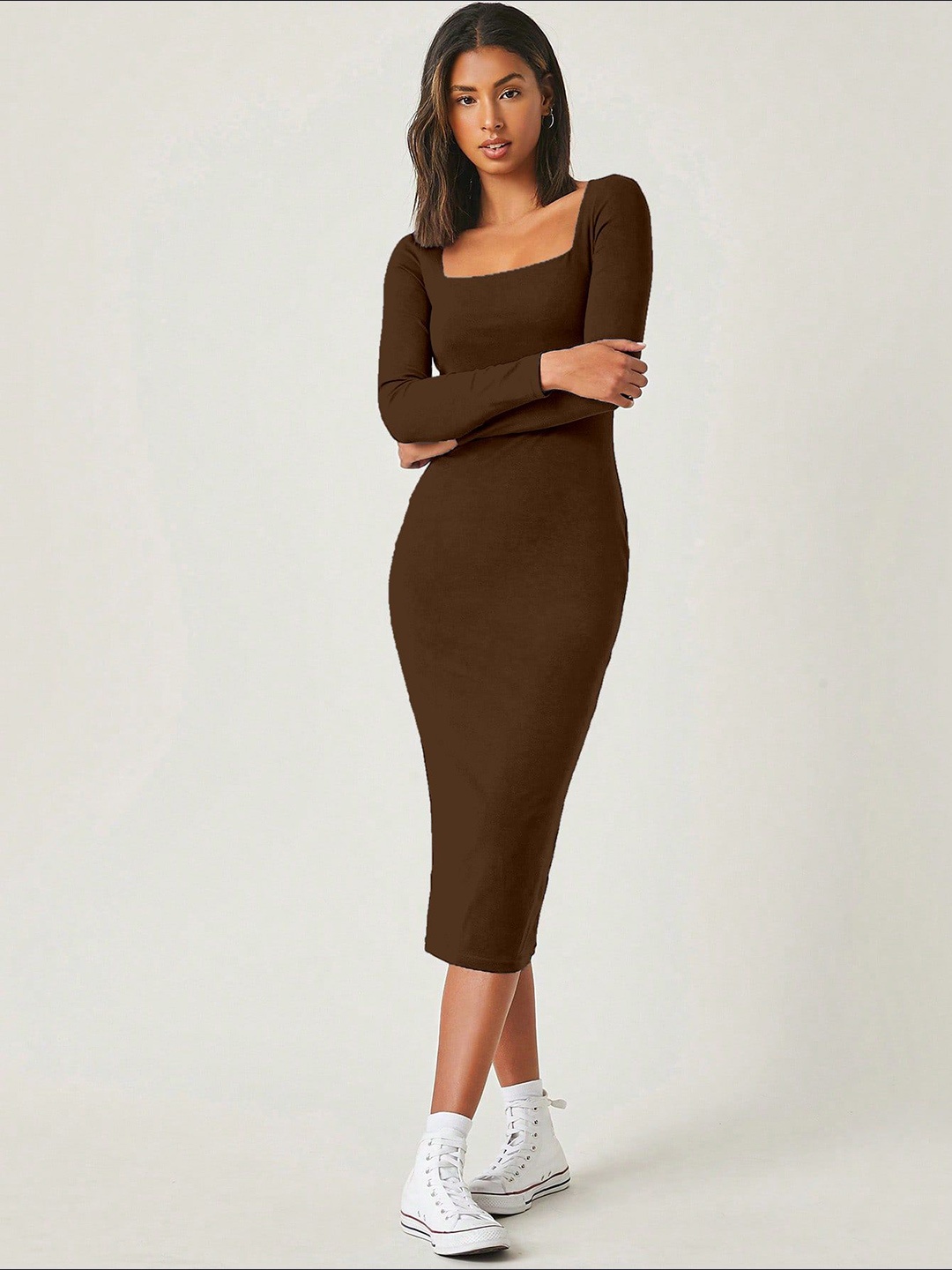 

AAHWAN Bodycon Midi Dress, Brown