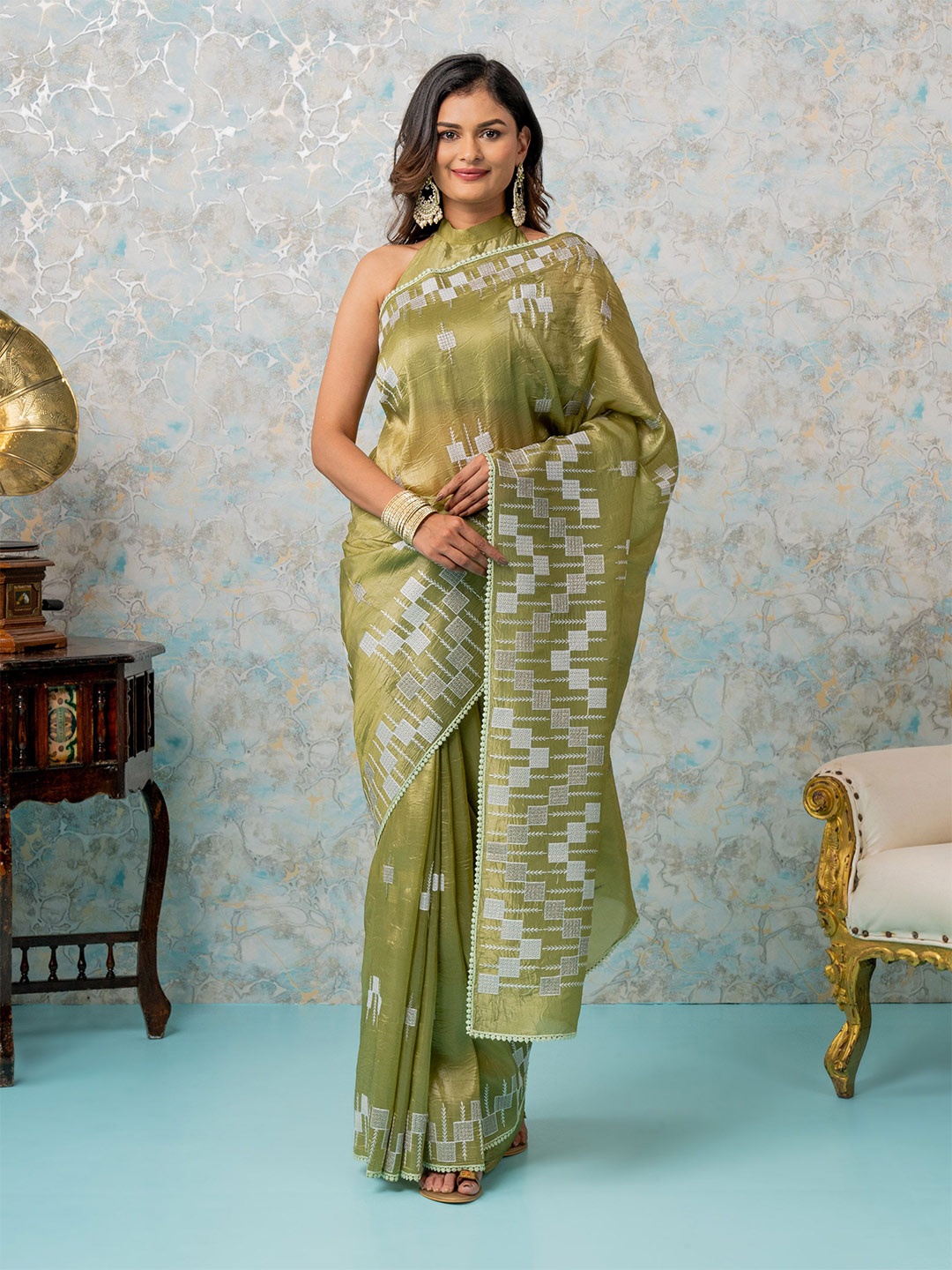 

MIMOSA Geometric Embroidered Banarasi Saree, Olive