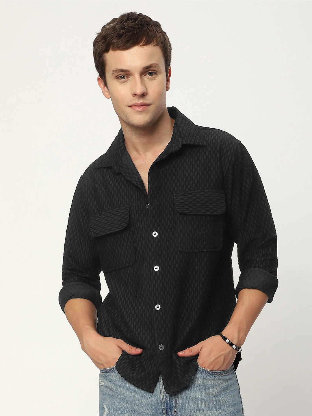 

Beyoung Men Spread Collar Textured Cotton Relaxed Fit Casual Shirt, Black