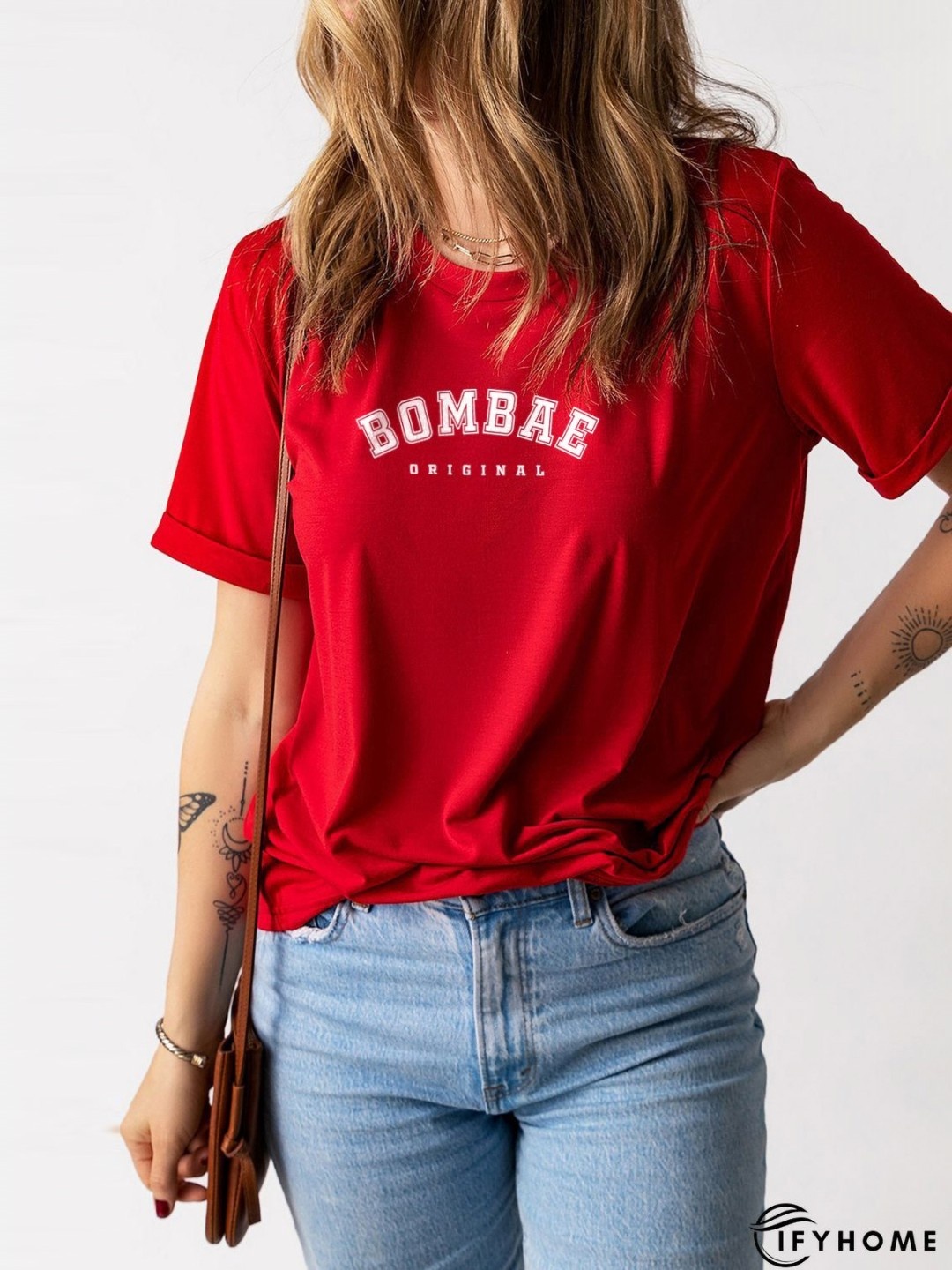 

BOMBAE TEES Women Typography V-Neck Bio Finish Applique T-shirt, Pink