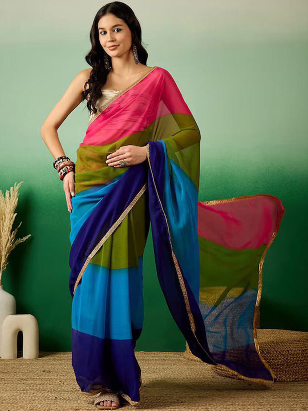 

Anouk Colourblocked Poly Georgette Ready to Wear Saree, Navy blue
