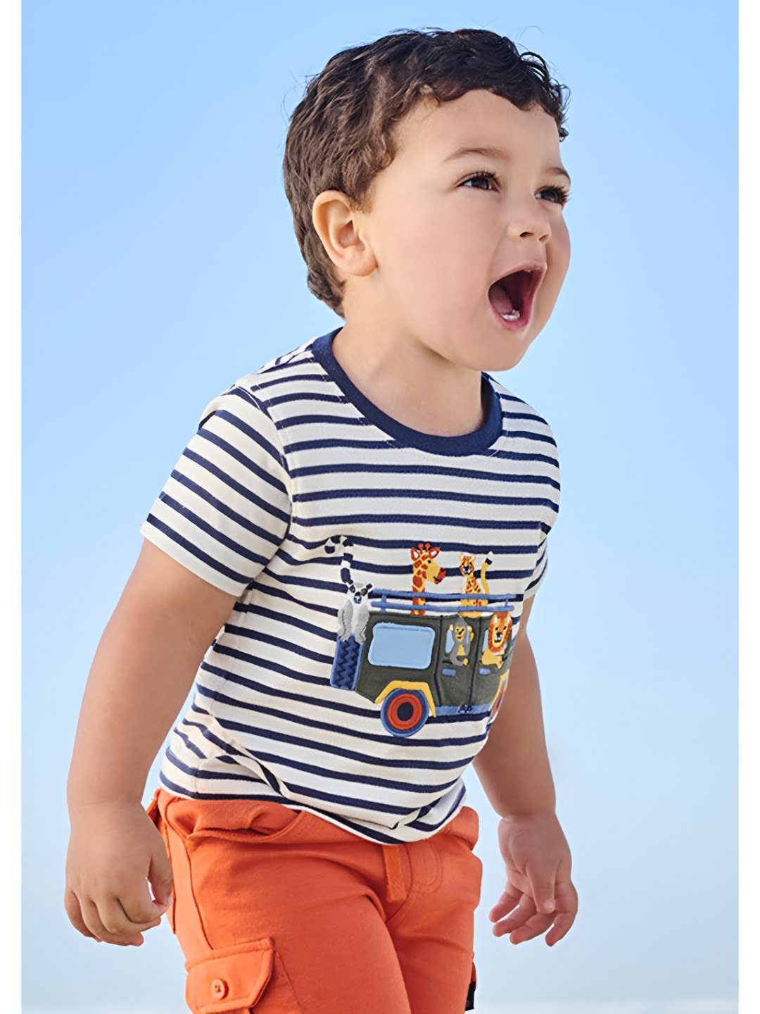 

LULU & SKY Boys Striped V-Neck Extended Sleeves Applique T-shirt, Blue
