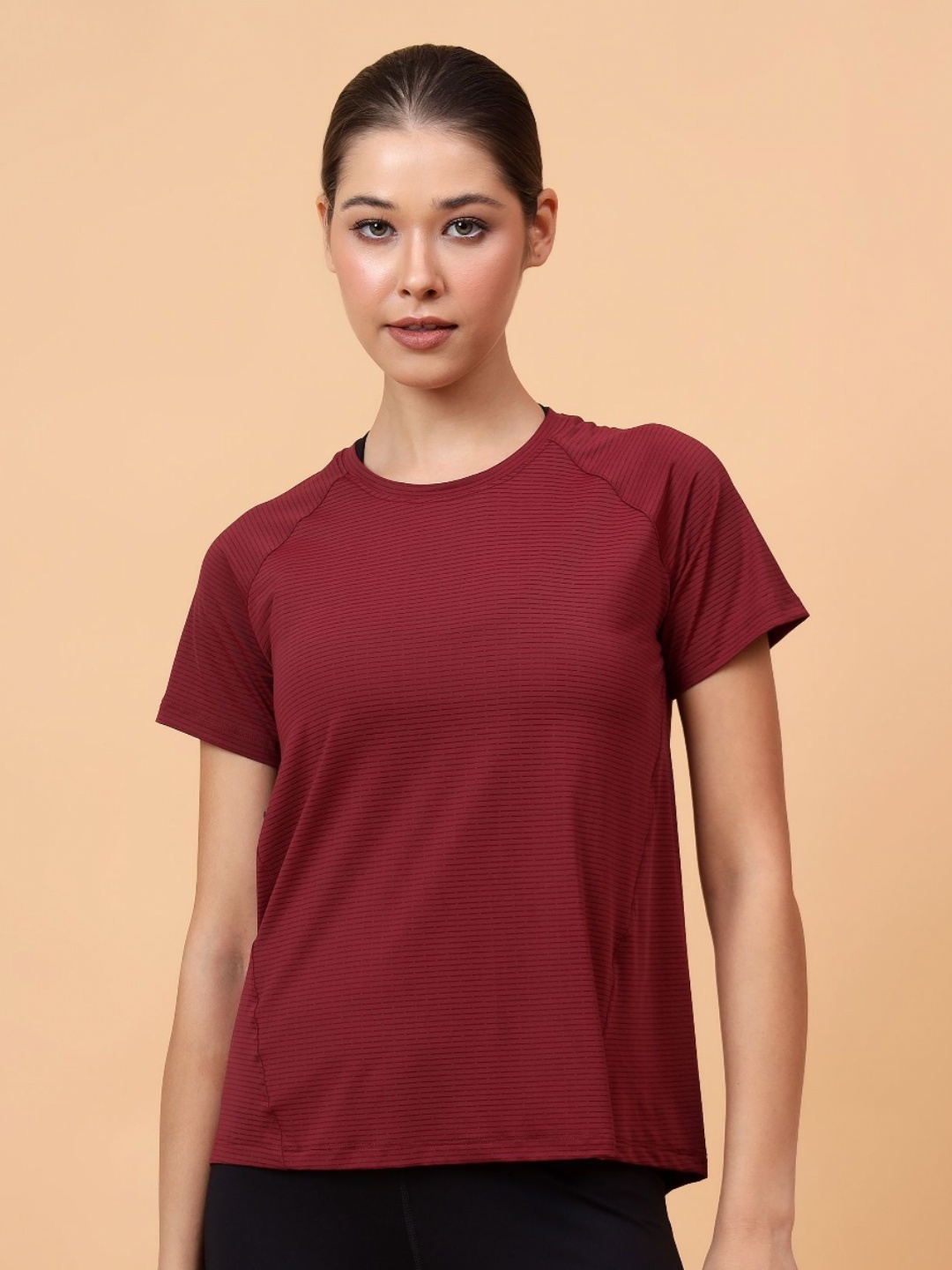 

Fitkin Women Self Stripe Round Neck T-shirt, Maroon