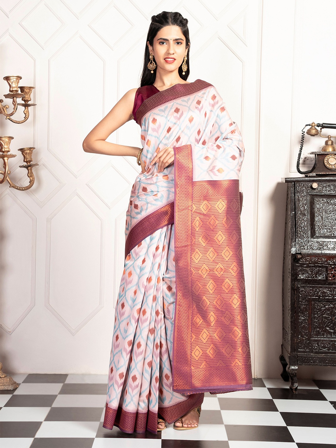 

MIMOSA Floral Woven Design Zari Pochampally Saree, Pink