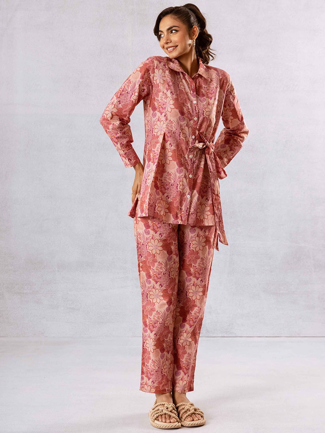 

HUKUM Floral Printed Pure Cotton Top With Trousers Co-Ords, Peach