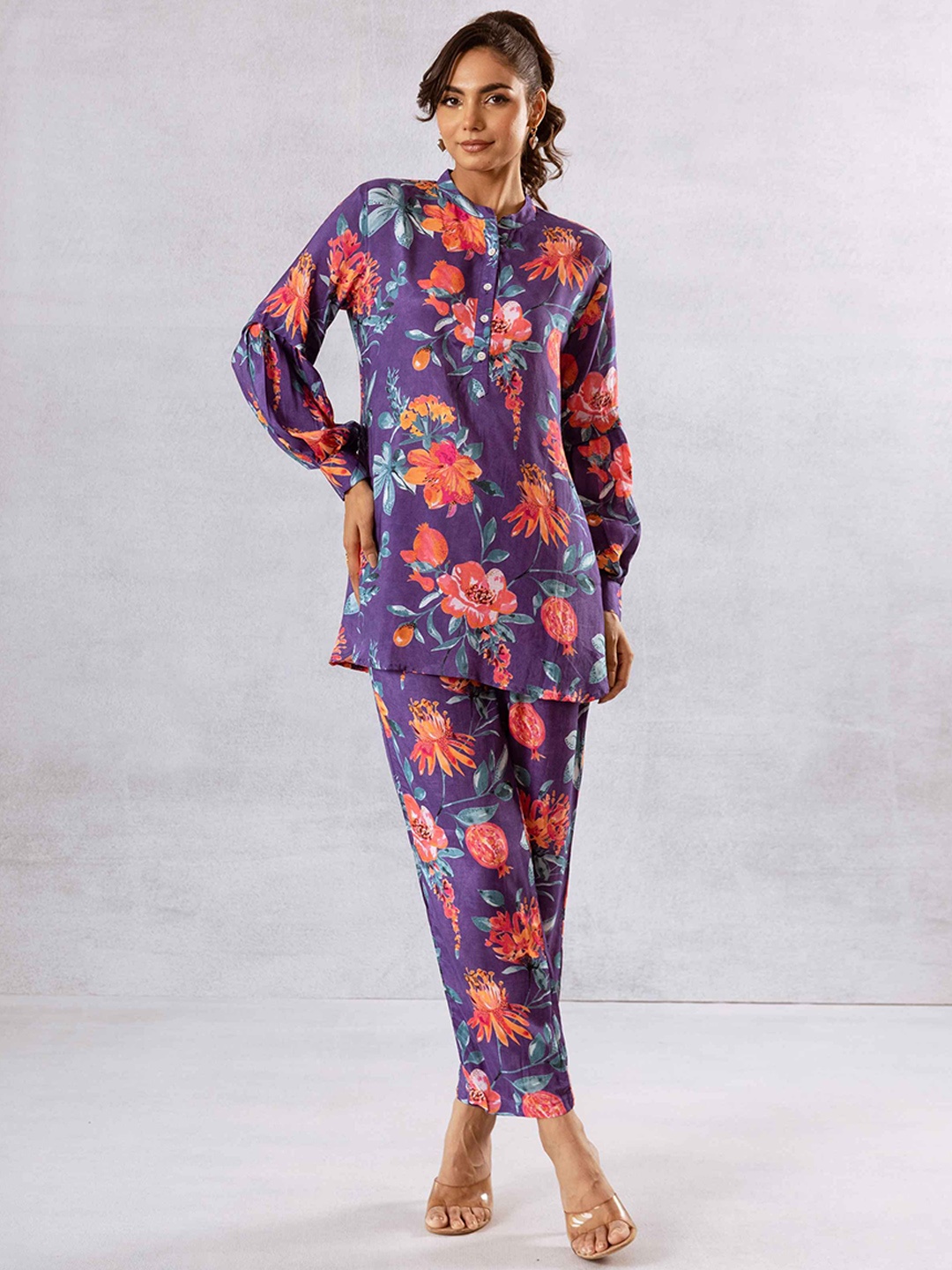 

HUKUM Printed Pure Silk Tunic With Trousers Co-Ords Set, Purple